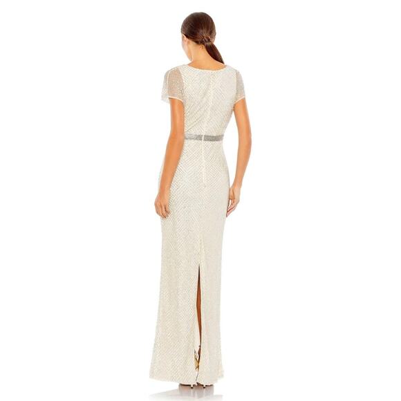 Mac Duggal NWT Beaded Butterfly Sleeve Column Gown in Nude Silver Sz 14 - Picture 2 of 12